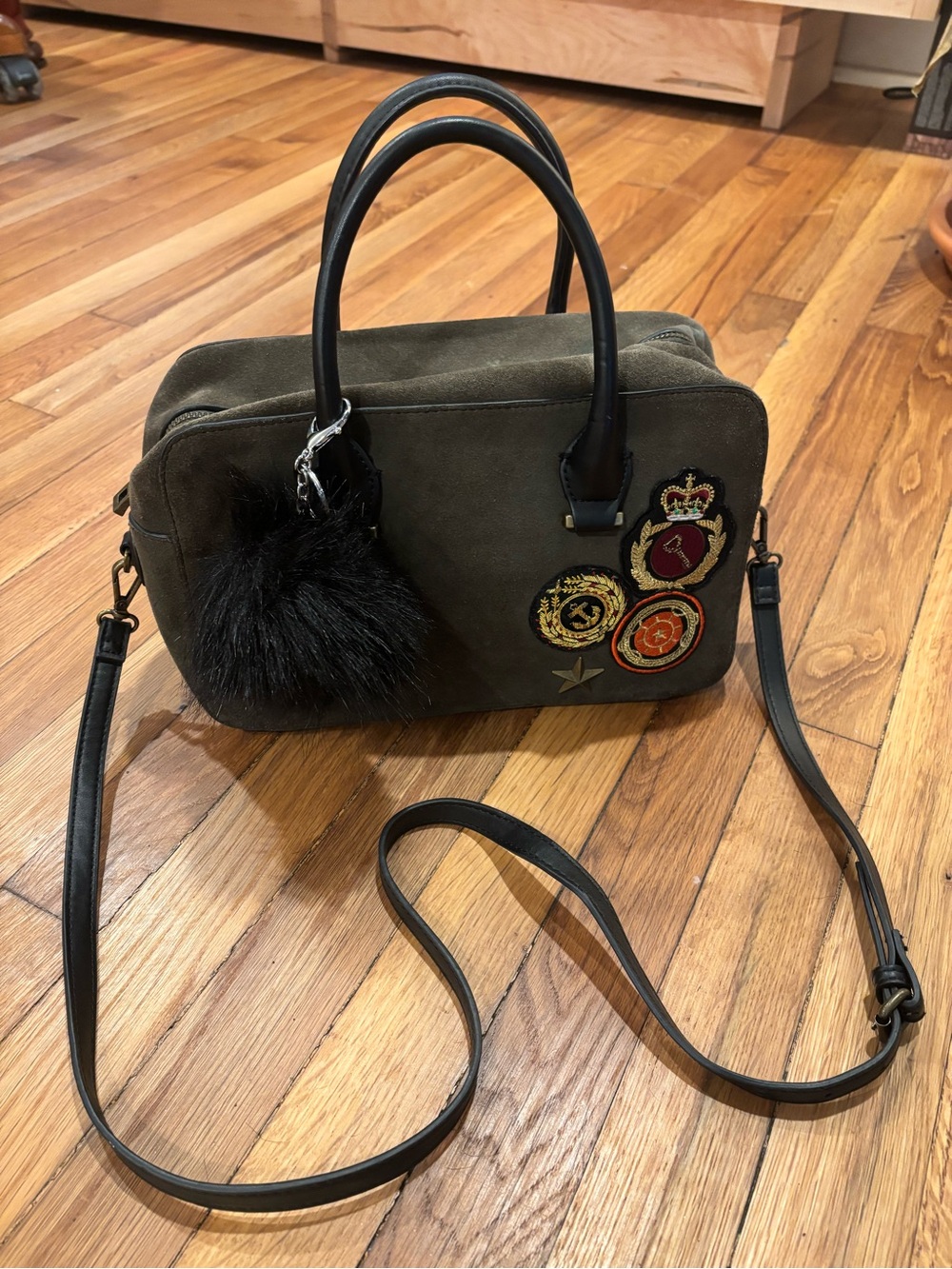 Zara Olive Suede Patch Satchel with Black Accents